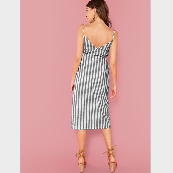 Button Front Vertical Stripe Cami Dress Belted - Picture 5 of 8